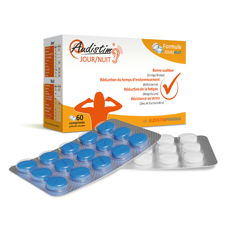 Audistim Jour/Nuit - Audition, acouphènes, bourdonnement et sifflements - 60 comprimés jour/nuit - Complément alimentaire