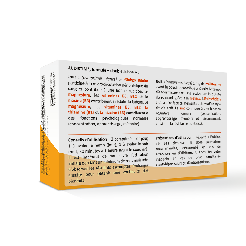 Audistim Jour/Nuit - Audition, acouphènes, bourdonnement et sifflements - 60 comprimés jour/nuit - Complément alimentaire