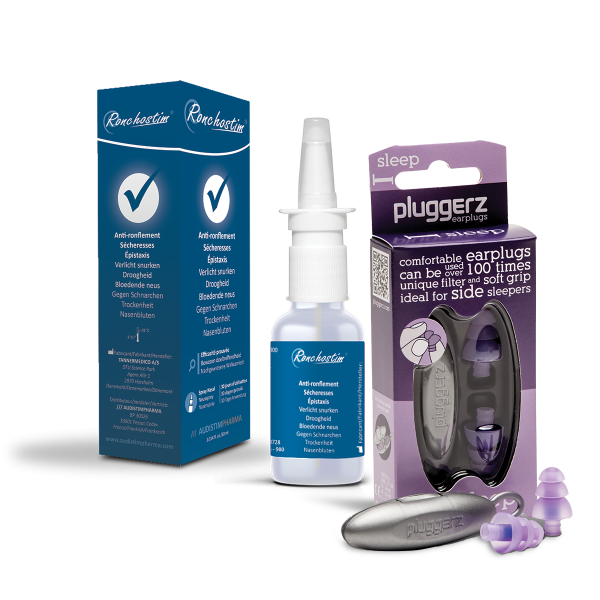 offre couplée pour le ronfleur et pour son ou sa partenaire : 1 spray nasal de RONCHOSTIM + 1 paire de bouchon spécial "sommeil"