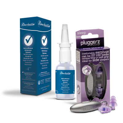offre couplée pour le ronfleur et pour son ou sa partenaire : 1 spray nasal de RONCHOSTIM + 1 paire de bouchon spécial "sommeil"